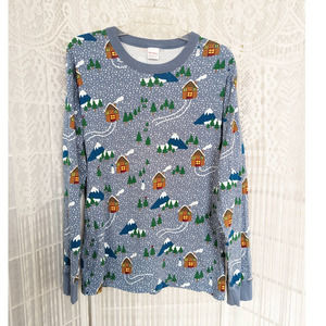 Hanna Andersson Adult Blue Christmas Snow Cottage Pajama Top Size Large